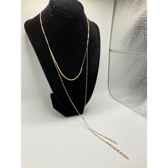 Gold-tone 2-Tier Beaded with 2 Long Dangles Chain Necklace! - Picture 3 of 5